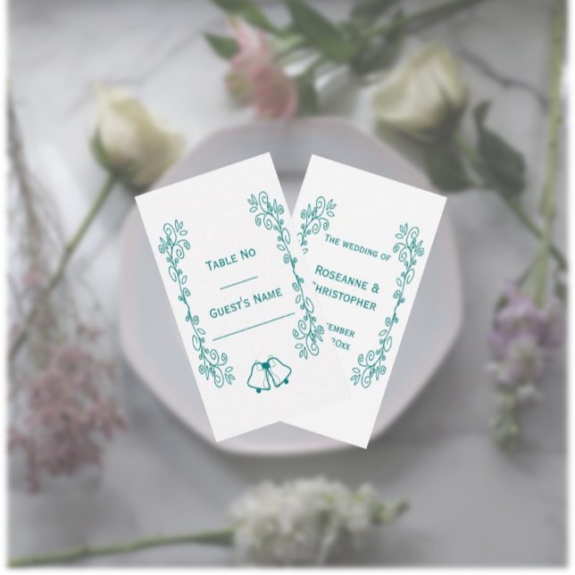 Teal Bells Scrollwork Design Wedding Place Card (Teal wedding place setting card bells and scrollwork design)