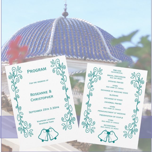 Teal Bells Scrollwork Design Wedding Programme (Teal bells scrollwork wedding church program)