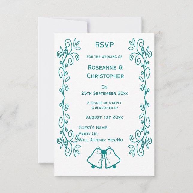 Teal Bells Scrollwork Design Wedding RSVP Card (Front)