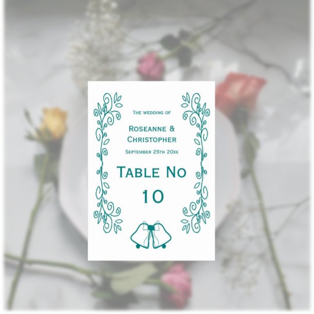 Teal Bells Scrollwork Design Wedding Table Number (Teal wedding table number bells and scrollwork design)