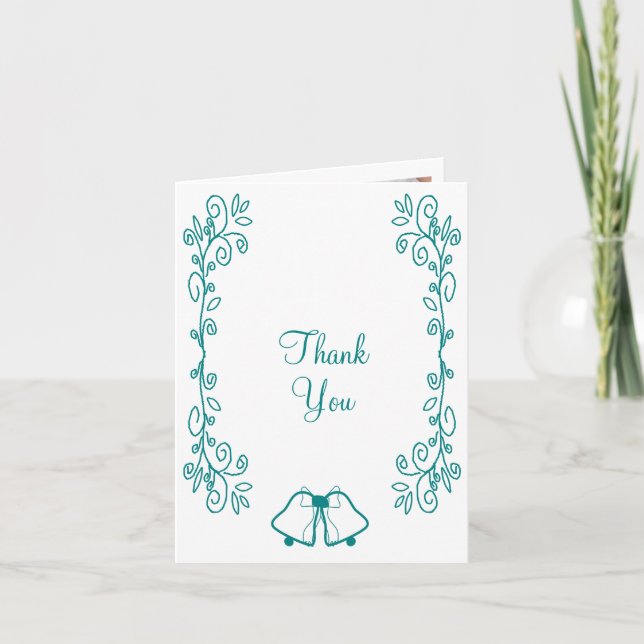 Teal Bells Scrollwork Design Wedding Thank You Card (Front)