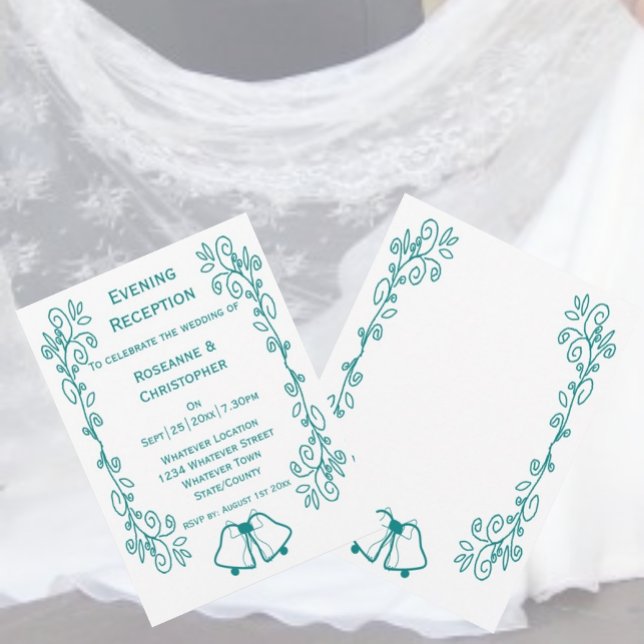 Teal Bells Scrollwork Wedding Reception Invitation (Teal bells scrollwork wedding reception invitation)