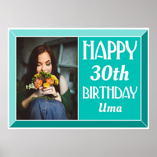 Teal Beveled Art Deco Birthday Photo Poster (Front)