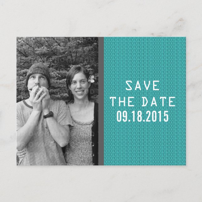 Teal Binary Code Photo Save the Date Postcard (Front)