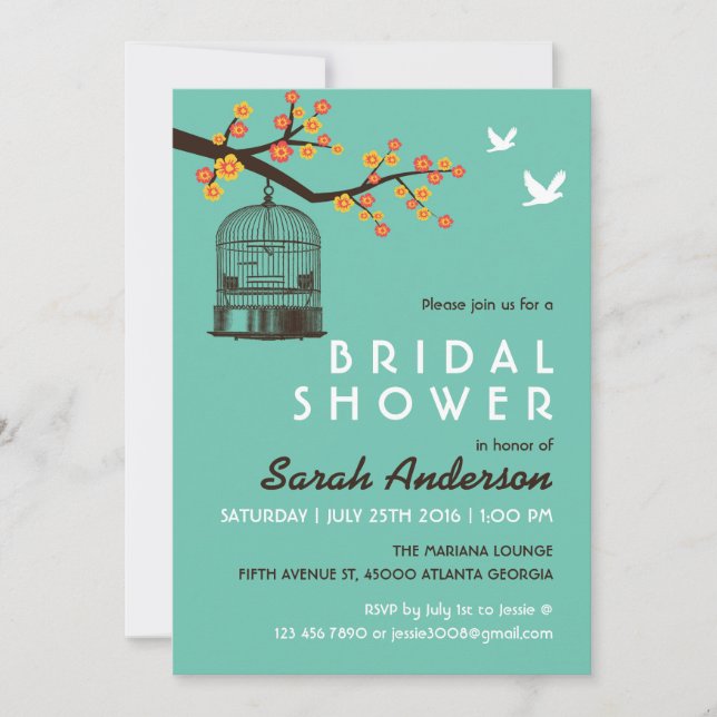Teal Bird Cage Flower Bridal Shower Invitation (Front)