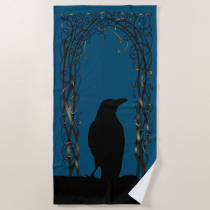 Teal Bird Silhouette Black Raven Beach Towel