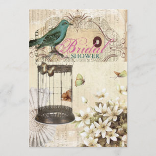 Teal Bird vintage floral botanical bridal shower Invitation
