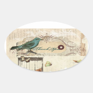 Teal Bird vintage floral botanical wedding Oval Sticker