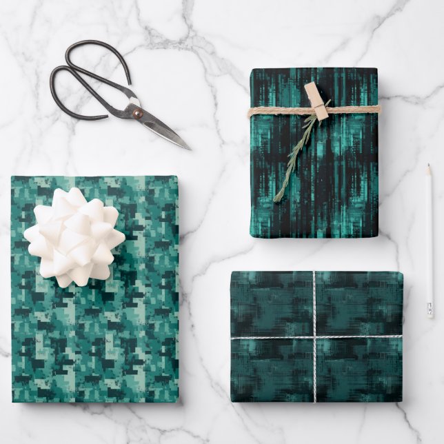 Teal & Black Abstract Paint Trio Wrapping Paper Sheet (Front)