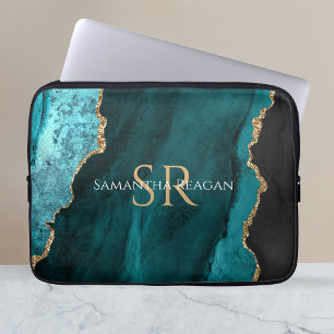 Teal, Black and Gold Agate, DIY Name & Monogram Laptop Sleeve