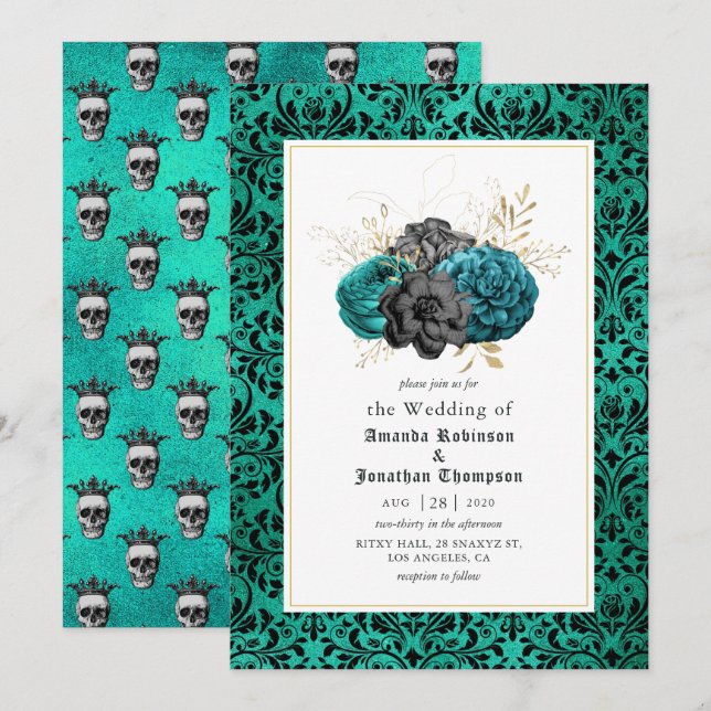 Teal, Black and Gold Floral Gothic Wedding Invitation (Front/Back)