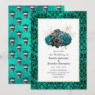Teal, Black and Gold Floral Gothic Wedding Invitation