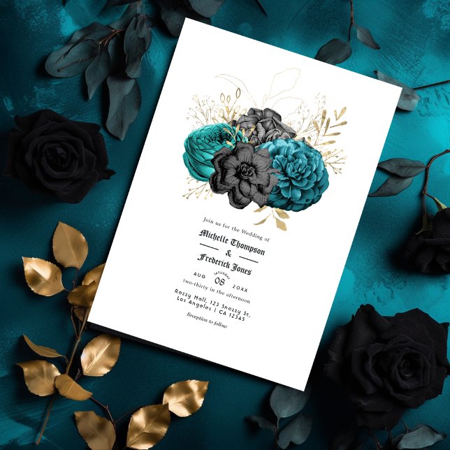 Teal, Black and Gold Floral Gothic Wedding Invitation (Creator Uploaded)
