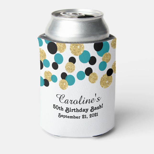 Teal, Black and Gold Glitter Confetti | 50th Can Cooler (Can Back)