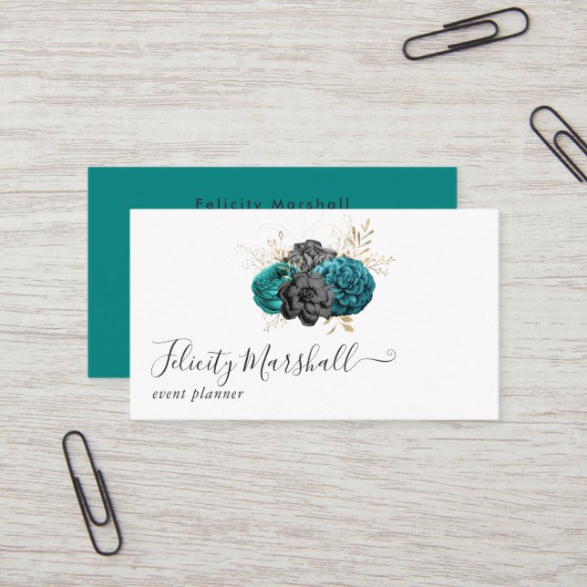 Teal, Black and Gold Gothic Business Card (Front/Back In Situ)
