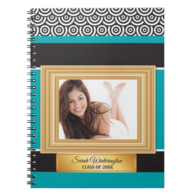 Teal Black and Gold Photo Graduation Year Notebook (Front)