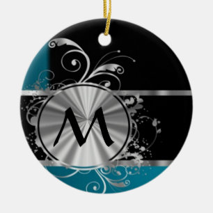 Teal black and silver monogram ceramic tree decoration