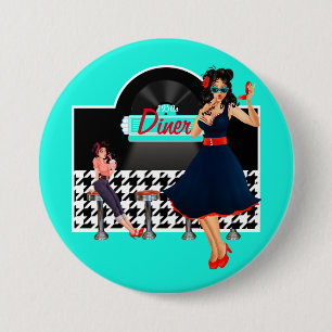 Teal black and white checkered 1950s button