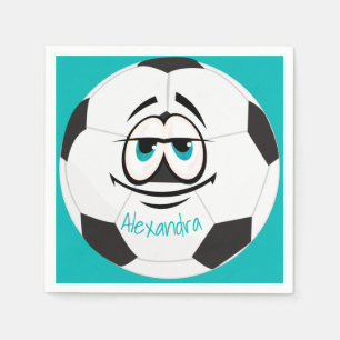Teal Black and white soccer ball funny face  Napkin