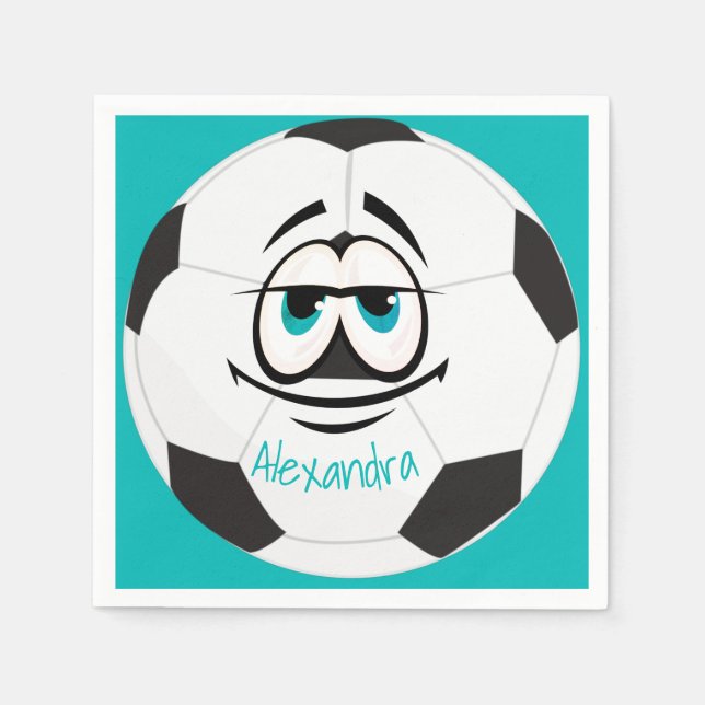 Teal Black and white soccer ball funny face  Napkin (Front)