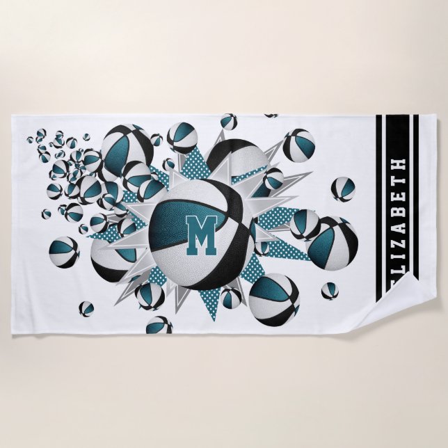 teal black basketballs stars girls monogrammed beach towel (Front)