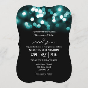 Teal Black Bokeh Glitter Lights Wedding Invites