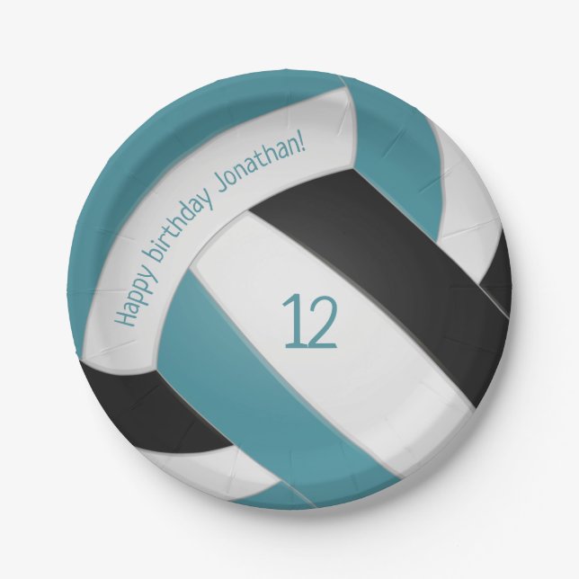 teal black boys girls volleyball party  paper plate (Front)