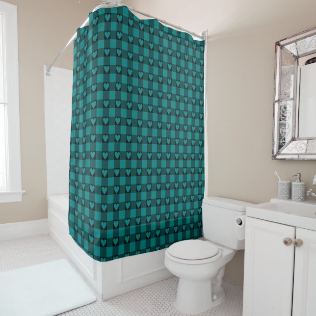 Teal Black Buffalo Heart Plaid Shower Curtain (In Situ)