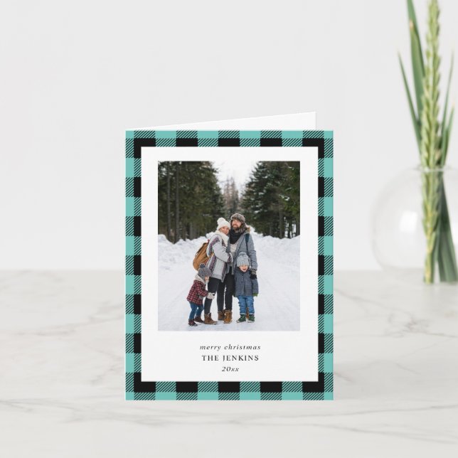 Teal Black Buffalo Plaid Border 3 Photo Christmas Holiday Card (Front)