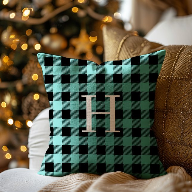 Teal Black Buffalo Plaid Monogram Holiday Cushion (Creator Uploaded)