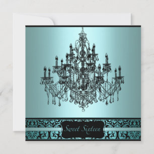 Teal Black Chandelier Sweet 16 Birthday Party Invitation