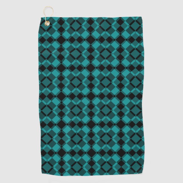 Teal Black Checker Argyle Pattern Golf Towel (Front)