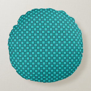 Teal Black Chequerboard Pattern Round Cushion