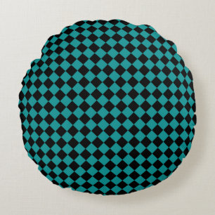 Teal Black Chequered Diamond Pattern Round Cushion