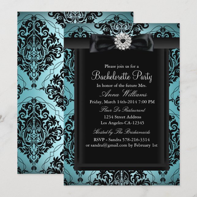 Teal & Black Chic Damask Bachelorette Party Invitation (Front/Back)