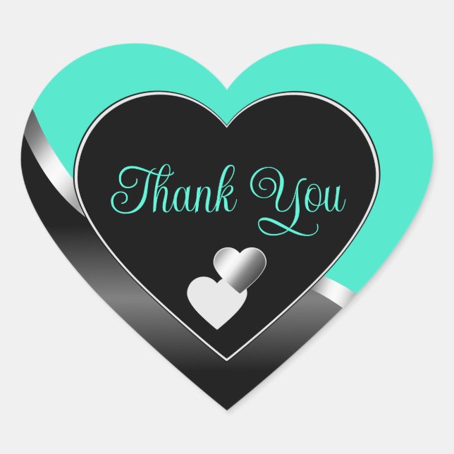 Teal Black Cute Hearts and Wavy Silver Thank You Heart Sticker (Front)