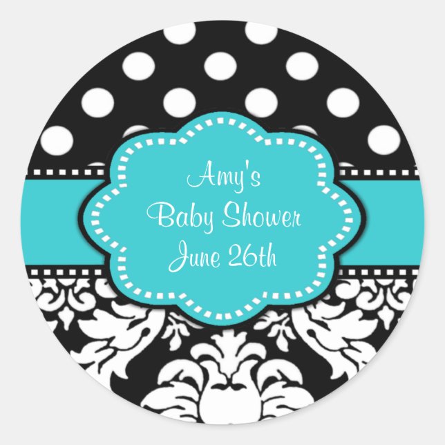 Teal Black Damask Baby Shower or Birthday Stickers (Front)