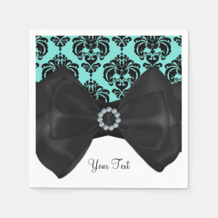 Teal & Black Damask Bling Bow Glam Sweet 16 Party Napkin