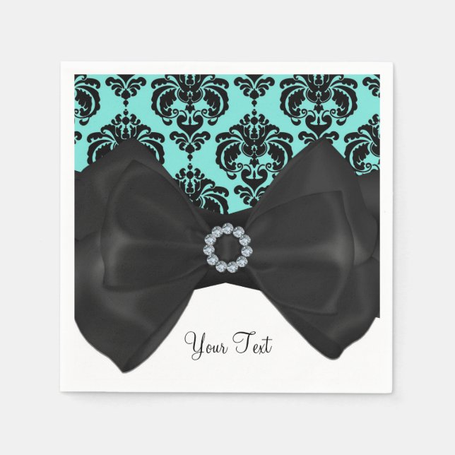 Teal & Black Damask Bling Bow Glam Sweet 16 Party Napkin (Front)