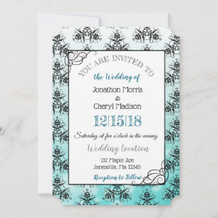 Teal Black Damask Classy Wedding invitations
