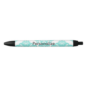 Teal & Black Damask Elegant Personalised Chic Blue Ink Pen