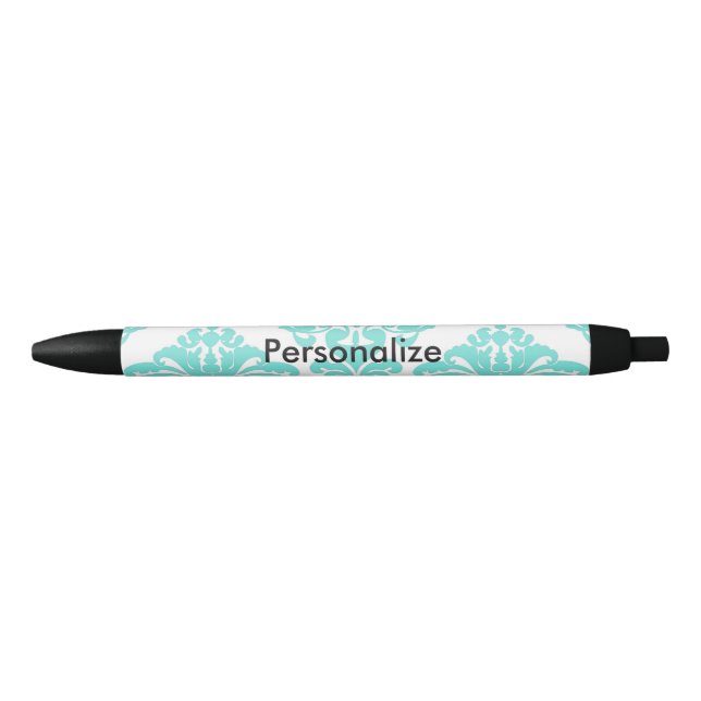 Teal & Black Damask Elegant Personalised Chic Blue Ink Pen (Front)