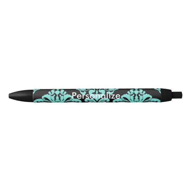 Teal & Black Damask Elegant Personalised Chic Blue Ink Pen (Front)