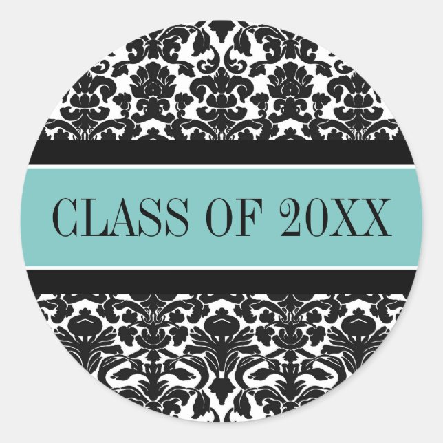 Teal Black Damask Graduation Custom Year Classic Round Sticker (Front)
