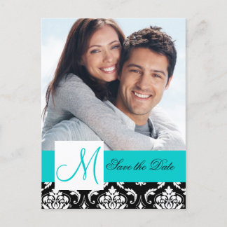 Teal Black Damask Photo Save the Date Postcard