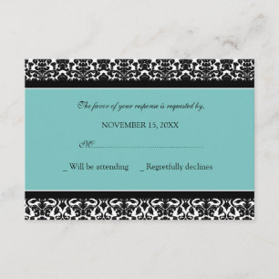 Teal Black Damask RSVP Wedding Card