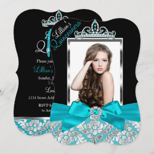 Teal Black Damask & Tiara Photo Quinceanera Invite