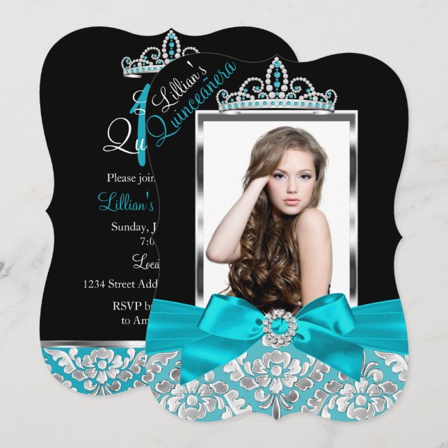 Teal Black Damask & Tiara Photo Quinceanera Invite (Front/Back)