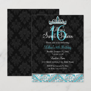 Teal Black Damask & Tiara Sweet 16 Invite