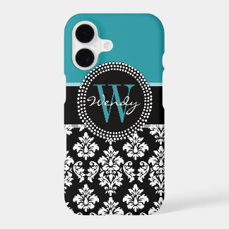 Teal, Black Damask Your Initial, Your Name